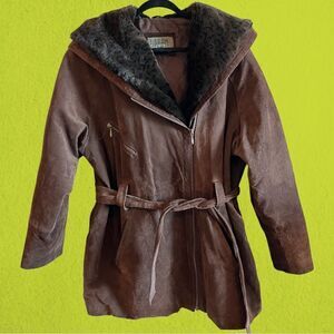 90s vintage brown suede leather coat faux fur hood